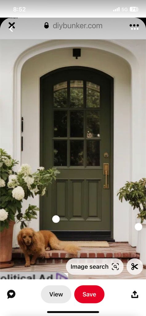 Moody Front Door Color, Moss Green Front Door, Hunter Green Front Door, Green Front Door Brick House, White House Green Door, Emerald Green Front Door, Olive Green Front Door, Front Door Colors With Tan House, Dark Green Front Door