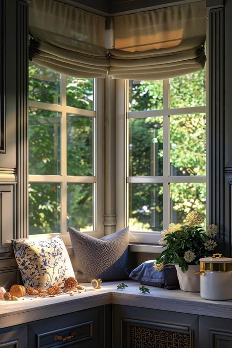 Kitchen Seating Bay Window Seat In Bay Window, Kitchen Window Seating, Cozy Kitchen Seating, Kitchen Bay Window Seating, Bay Window Banquette, Window Seat Ideas, Kitchen Bay Window, Window Seat Kitchen, Rustic Comforter