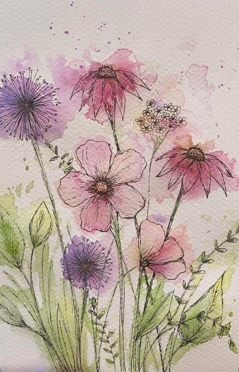 Watercolor Art Line Drawing, Pen Flower Drawing, Doodle Art Flowers, Learn Watercolor Painting, Diy Watercolor Painting, Watercolor Flower Art, Watercolor Painting Techniques, Watercolor Paintings Tutorials, Watercolor Flowers Paintings