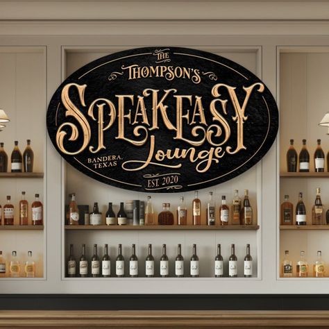 This stunning Speakeasy Lounge sign blends vintage charm with modern durability. Crafted from high-quality metal and acrylic, it's perfect for both indoor and outdoor use. With its timeless design and weather-resistant construction, this sign adds a touch of nostalgia and sophistication to any space. Illuminate your surroundings with the warm glow of the Oval Speakeasy Sign, and let its evocative design transport you to a bygone era of clandestine revelry and mystery. ** Our design features a pr Speakeasy Signs 1920s, Speakeasy Style Living Room, Speakeasy Room Ideas, Speakeasy Sign, 1920s Speakeasy Aesthetic, Bourbon Lounge, Speakeasy Room, Speakeasy Decor Bar, Speakeasy Lounge