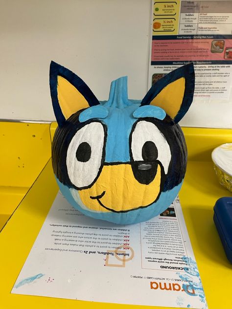 Painted bluey pumpkin for pumpkin contest Pumpkin Decorating Ideas Bluey, Tractor Pumpkin Painting, Pumpkin Carving Ideas Bluey, Painted Pumpkin Ideas Bluey, Bluey Pumpkin Painting Ideas, Bluey Halloween Pumpkin, Bluey Pumpkin Painting, Disguise A Pumpkin, Pumpkin Painting Party