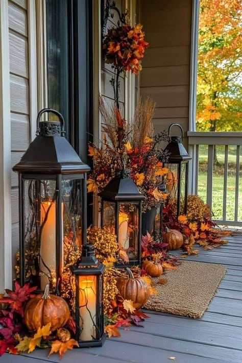 Fall Lantern Decor, Fall Front Porch Decor Ideas, Fall Lantern, Fall Gardening, Fall Front Porch Decor, Fall Decor Ideas, Fall Thanksgiving Decor, Autumn Decorating, Fall Front Porch