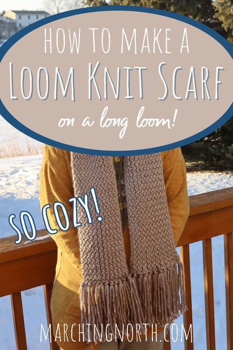 woman wearing a loom knit scarf in the snow How To Loom Knit A Scarf, Loom Knitting Scarf Easy, Loom Scarf Easy Diy Tutorial, Long Loom Knitting For Beginners, Loom Knit Scarf Pattern Free, Long Loom Knitting Projects, Crochet Loom Projects, Loom Knit Scarf Pattern, Easy Loom Knitting Projects