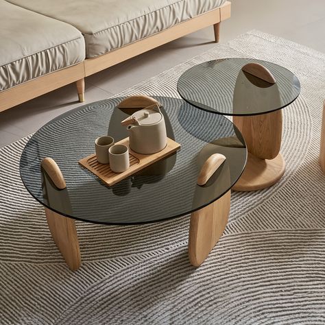 Made of solid wood and tempered glass,its smooth surface of this novelty-shaped coffee table is ideal for serving and displaying a range of decorative things. Moveable Coffee Table, Japan Living Room Design, Slim Coffee Table, Wood Glass Coffee Table, Glass And Wood Coffee Table, Japandi Coffee Table, Japan Living Room, Wood And Glass Coffee Table, Coffee Table Contemporary