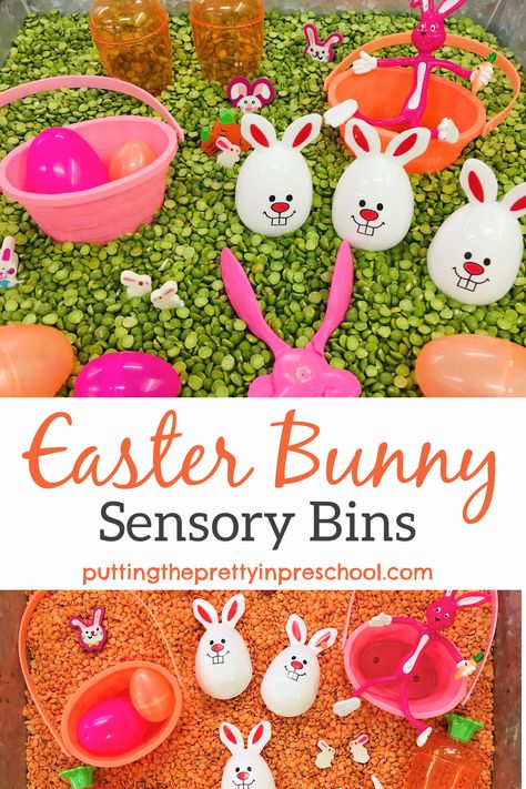 Fun Easter bunny sensory bins featuring two different brightly colored bases. The simple color change gives early learners variety in sensory play. Easter Messy Play, Easter Sensory Bin, Easter Sensory, Easter Symbols, Preschool Easter, Easter Festivities, Tactile Learning, Easter Preschool, Easter Activities For Kids