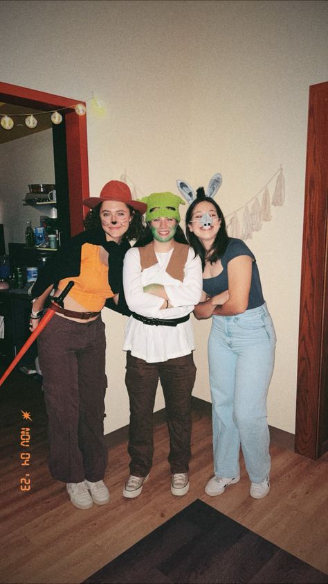 Shrek Trio Halloween Costume, Pussin Boots Shrek And Donkey Costume, Shrek Donkey And Cat Costume, Shrek And Donkey Halloween Costume, Shrek Trio Costume, Shrek And Donkey Costume, Shrek Costume Group, Shrek Costume Women, Donkey Halloween Costume