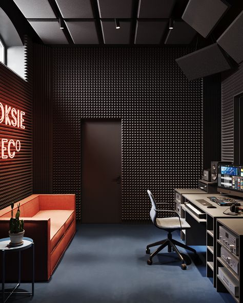 RRS OFF on Behance Dark Music Studio Room, Podcast Room Design, Music Studio Interior, Studio Room Design, Music Studio Design, Studio Floor Plans, Home Music Rooms, Color Office, Photography Office