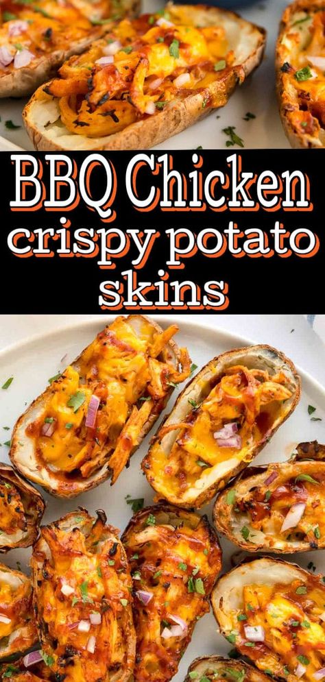 Bbq Chicken Air Fryer, Chicken Loaded Baked Potato, Loaded Baked Potato Skins, Hearty Appetizer, Air Fryer Bbq Chicken, Baked Potato Skins, Potatoe Skins Recipe, Bbq Appetizers, Bbq Potatoes