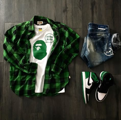 St. Ape Green Check Shirt Outfit Men, Green Check Shirt Outfit, Outfit Grid Streetwear, Outfit Grid Men, Frank Morrison, Urban Apparel, Hype Clothing, Swag Outfits Men, Dope Outfits For Guys