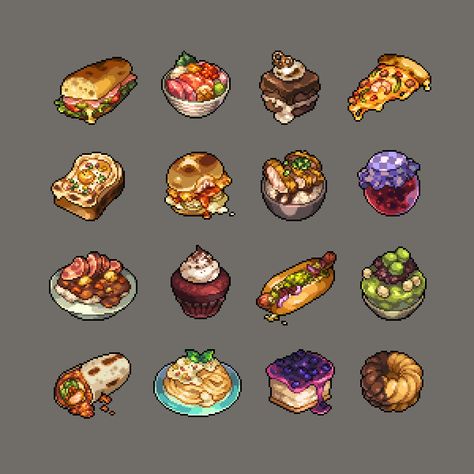 ArtStation - FOOD !, Dimcember 하소영 Pixel Art Food 32x32, Video Game Food Art, Game Food Art, Pixel Character Sprite Sheet, Pixel Food Art, Pixel Art Illustration, Food Pixel Art, Pixel Items, Pixel Food