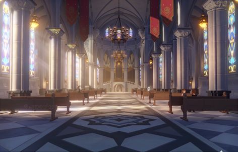 Church Aesthetic, Fantasy Background, Fantasy Places, Cartoon Background, Anime Background, Amazing Architecture, Anime Style, Genshin Impact, Fan Art