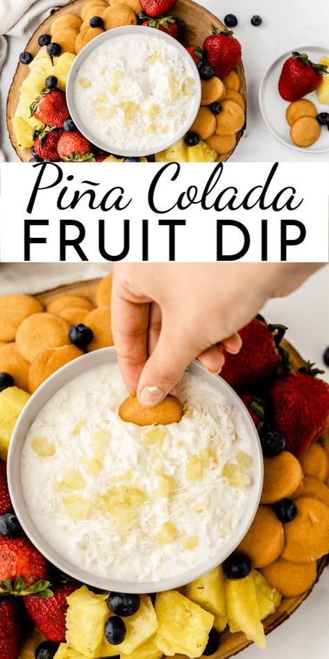 Only four ingredients go into this easy Piña Colada Fruit Dip that's great for summer picnics and BBQ's! via @nmburk Pina Colada Dip Recipe, Pineapple Fruit Dip, Summer Dip Ideas, Summertime Dips Easy Recipes, Cute Fruit Appetizers, Beach Dips, Summer Snack Foods For Party, Summer Time Party Food, Beach Dips Cold