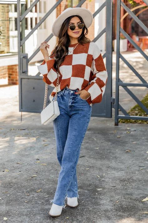 Tap to shop! Checkered Clothes, Checkered Outfit, Sweater With Jeans, Checkered Sweater, Brown Checkered, Distressed Mom Jeans, Sweater Fabric, Checkered Design, Flats Patterns