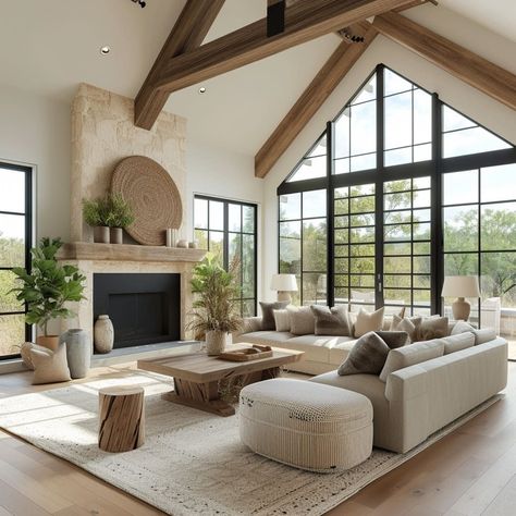 Chatwin Homes, Industrial Cottage Style, Cathedral Ceiling Living Room, Fireplace Farmhouse, Vaulted Living Room, Vaulted Great Room, Industrial Shelving, Shelving Units, Rustic Living Room