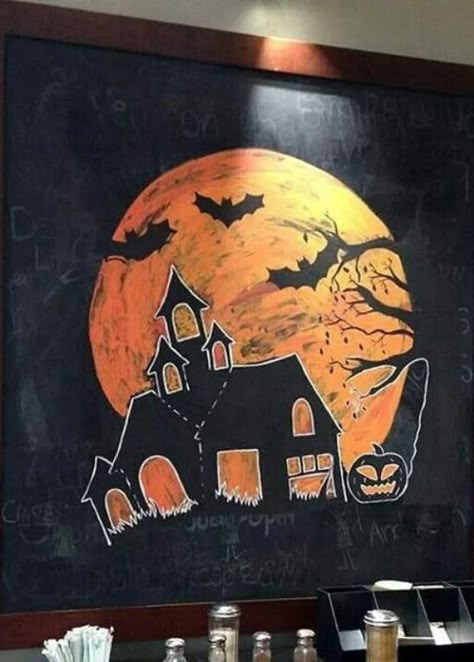 Starbucks Halloween Board, Halloween Chalk Drawings, Halloween Chalkboard Ideas, Halloween Watercolors, Halloween Chalk Art, Spooky Halloween Castle, Fall Chalkboard Art, Halloween Chalkboard Art, Chalk Markers Art