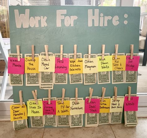 Chore Chart To Earn Money, Family Job Chart, Chores Money Board, Jobs For Hire Chore Chart, Chore Board With Money, Extra Chores For Money, Chore Money Chart Reward System, Chore Store Ideas, Pocket Money Chore Chart