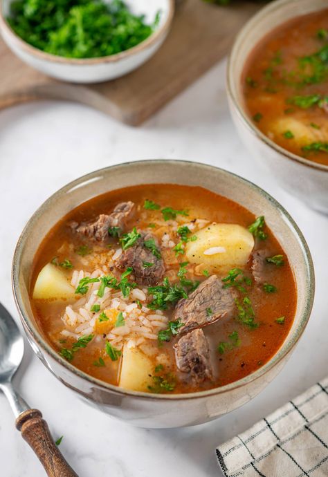 Simple Homemade Beef and Rice Soup (Kharcho) Beef And Rice Soup, Soft Potatoes, Easy Mongolian Beef, Soup With Rice, Beef Stir Fry Recipes, Pilaf Recipes, Pot Beef Stew, Beef Stir Fry, Beef And Rice