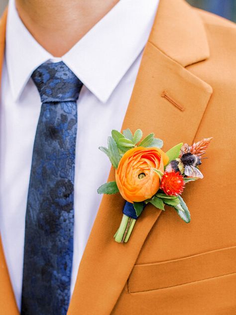 Orange Ranunculus Boutonniere - Winnipeg Florists Wedding Orange Ranunculus Boutonniere, Country Stone House, Ranunculus Boutonniere, Yellow Wedding Bouquet, Orange Ranunculus, Boutonnieres Prom, Prom 2024, Coloured Candles, April Wedding