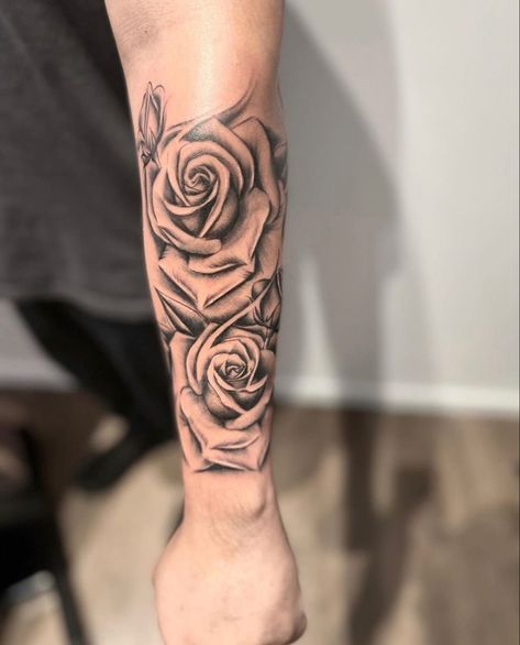 Rose Upper Arm Tattoo, Rose Roman Numeral Tattoo, Mens Rose Tattoos, Rose Tattoo Men Arm, Rose Family Tattoo, Rose Forearm Tattoo Men, Men’s Rose Tattoo, Inside Bicep Tattoo Mens, Rose Tattoo Men