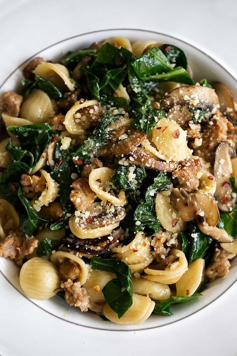 Orecchiette with Collard Greens, Sausage & Mixed Mushrooms — Cooking with Cocktail Rings Collard Green Pasta, Collard Greens Pasta, Mushroom Sausage, Delicious Discoveries, Sausage Parmesan, Collard Greens Recipe, Collard Green, Csa Recipes, Winter Comfort Food