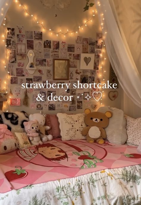 Strawberry Shortcake Room Aesthetic, Strawberry Shortcake Bedding, Strawberry Shortcake Bedroom Ideas, Strawberry Shortcake Room Ideas, Strawberry Aesthetic Room, Strawberry Dorm Room, Strawberry Bedroom Aesthetic, Strawberry Shortcake Room Decor, Strawberry Themed Room