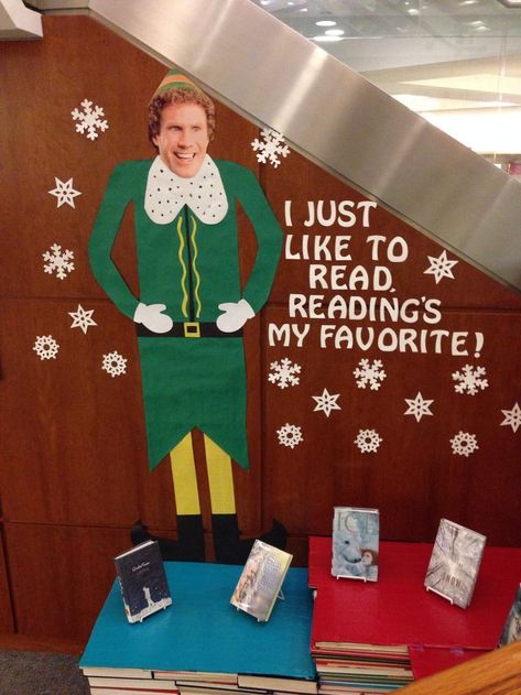 I just like to read. Reading's my favorite. -Christmas Elf book display Book Displays Library, Funny Christmas Door Decorations, Holiday Library Displays, Funny Christmas Door, Christmas Library Display, Elf Reading, Teen Library Displays, Book Return, School Library Bulletin Boards