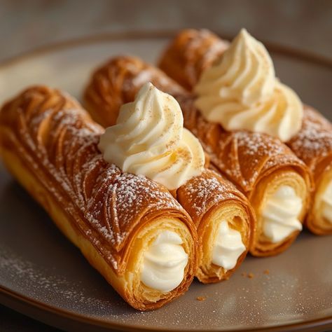 Puff Pastry Cones with Custard: A Crunchy and Creamy Delight Ingredients for the puff pastry: - 1 ready-to-use puff pastry Ingredients for the pastry cream: - 500 ml of milk - 100 g of sugar - 4 egg yolks - 50 g cornstarch - 1 vanilla pod (or 1 teaspoon of vanilla extract) - 50 g of butter Preparation : 1. Preheat your oven to 200°C (thermostat 6-7). Spread the puff pastry on a lightly floured work surface. Cut strips of dough approximately 3 cm wide. 2. Wrap each dough strip around pastry c... Cream Puff Decorating Ideas, Pastry Ideas Baking, Puff Pastry Cones, Beautiful Pastries, Pastry Aesthetic, Creme Puffs, Puff Pastry Ingredients, Puff Pastry Dessert, Pastry Cream Desserts