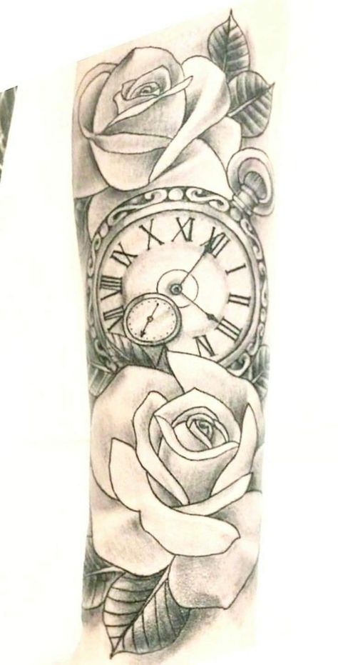 Clock Hand Tattoo, Hand Tattoo Men, Tato Jam, Time Piece Tattoo, Clock And Rose Tattoo, Pocket Watch Tattoos, Rose Clock, Half Sleeve Tattoos Drawings, Clock Tattoo Design