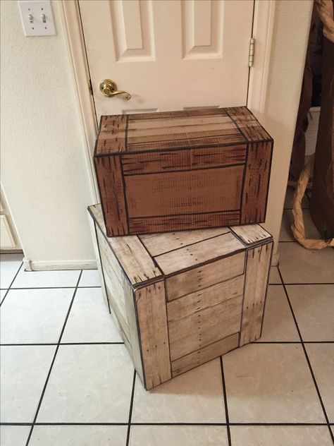 Pirate Booth Ideas, Diy Pirate Decor, Cardboard Pirate Decorations, How To Make Cardboard Look Like Wood, Pirate Ship Prop, Pirate Plank Diy, Pirate Crates Diy, Western Props Wild West, Cardboard Western Props