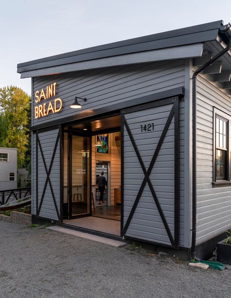 Saint Bread — Graham Baba Architects Small Warehouse Design, Modern Warehouse Design Exterior, Modern Warehouse Design, Bread Factory, Boat Restaurant, Shiplap Siding, Small Warehouse, Warehouse Design, Patio Enclosures