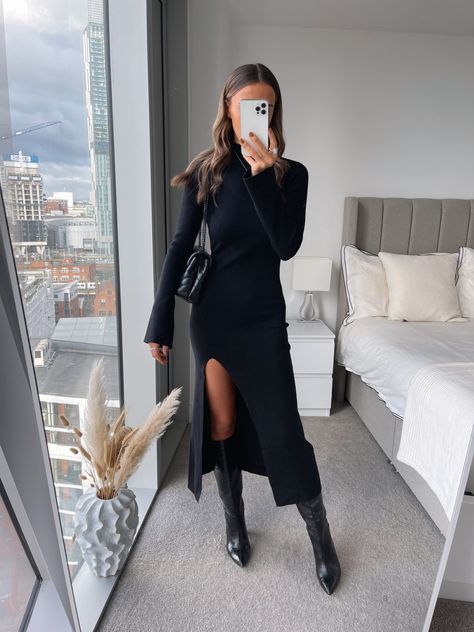 Shop Brielle High Neck Midaxi Knit … and other curated products on LTK, the easiest way to shop everything from your favorite creators. Black Midi Dress And Boots, Long Black Dress Outfit, Knitted Dress Outfit, Black Dress Winter, Knit Skirt Outfit, Long Knitted Dress, Winter Dress Outfits, Fall Dress Outfit, Black Dress Outfits