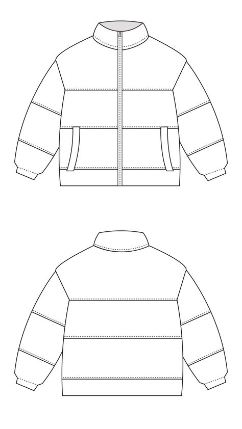 Puffer Jacket Technical Drawing, Puffer Jacket Mockup, Puffer Jacket Sketch, Clothing Mockup Templates, Puffer Jacket Drawing, Clothes Ideas Drawing, Puffer Jacket Pattern, Skating Outfit Ideas, Ice Skating Outfit Ideas