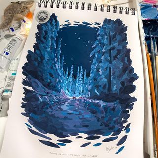 Gouache Night Painting, Guache Paintings Ideas, Himi Gouache Art, Guache Art Gouache Painting, Gouache Sketchbook, Gouache Tutorial, Nature Sketch, Gouache Paint, Color Dream