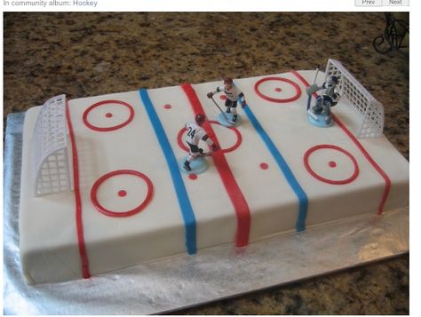 Or something like this @Corinne Stonik if I can find the hockey men Hockey Birthday Cake, Hockey Cakes, Hockey Birthday Parties, Sports Cakes, Hockey Party, Hockey Birthday, Cake Boutique, 4th Birthday Cakes, Sport Cakes