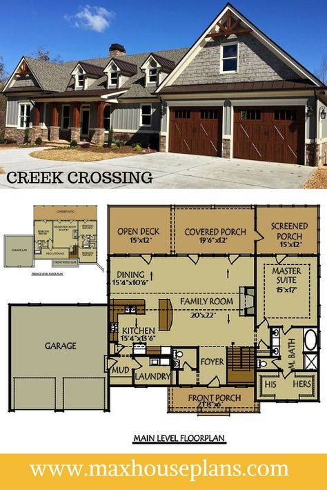 Creek Crossing is a 4 bedroom floor plan ranch house plan with a walkout basement and ample porch space. Horizontal siding, stone accents and over sized gables add a creative mixture of architectural details to the exterior. Ranch Plans, Ranch House Floor Plans, Vacation House Plans, Floor Plans Ranch, House Ranch, Basement House Plans, Basement Floor Plans, Free House Plans, Ranch Style House Plans