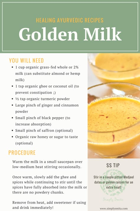 Ayurvedic Recipes #turmeric #goldenmilk #organic #simplysmitaco #feelthelove Chana Recipe, Golden Milk Recipe, Organic Ghee, Organic Turmeric Powder, Veggie Recipe, Ayurveda Recipes, Ayurvedic Recipes, Turmeric Recipes, Ayurvedic Healing