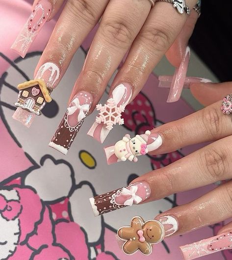 Hello Kitty Nails, Dope Nail Designs, Pretty Gel Nails, Really Cute Nails, Long Acrylic, Long Square Acrylic Nails, Unique Acrylic Nails, Bling Acrylic Nails, Kawaii Nails