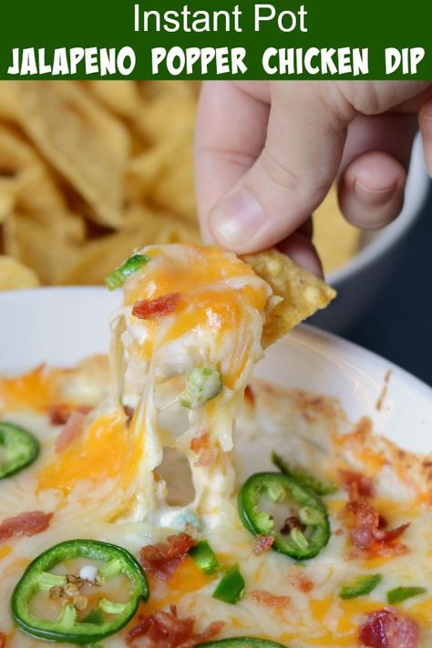 Instant Pot Jalapeno Popper Chicken Dip - A quick and easy hot jalapeno popper dip recipe made with chicken cooked in the Instant Pot and topped with cheese and bacon! Perfect for game days and parties! Meatloaf and Melodrama #instantpot #jalapenopopperdip #partyideas #appetizer Instant Pot Jalapeno Popper Chicken, Instapot Dips Recipes, Instant Pot Dips And Appetizers, Instapot Dip Recipes, Instapot Appetizer Recipes, Instant Pot Dip, Popper Chicken, Jalapeno Popper Dip, Crockpot Appetizers