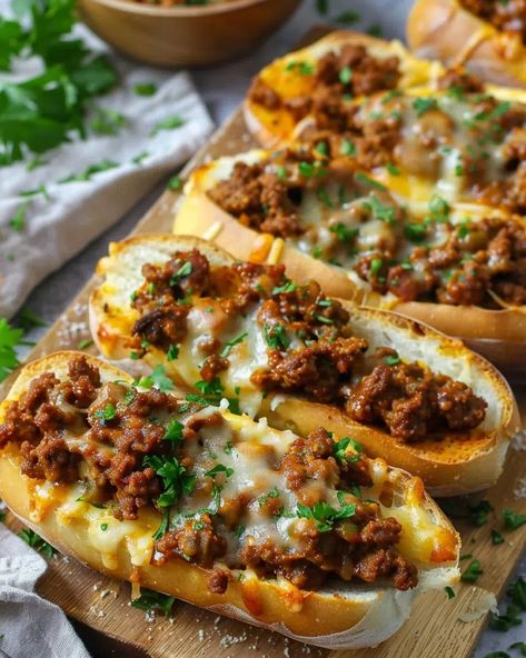 Cheesy Sloppy Joe Garlic Bread Loaded Sloppy Joes, Sloppy Joe Garlic Bread Sandwich, Smokey Sloppy Joe And Provolone, Cheesy Bread Bowl, Cheesy Garlic Bread Sloppy Joes, Garlic Bread Cheesy Sloppy Joe Bake, Sloppy Joe On Garlic Bread, Sloppy Joe Ideas Twists, Nan Bread Meal Ideas