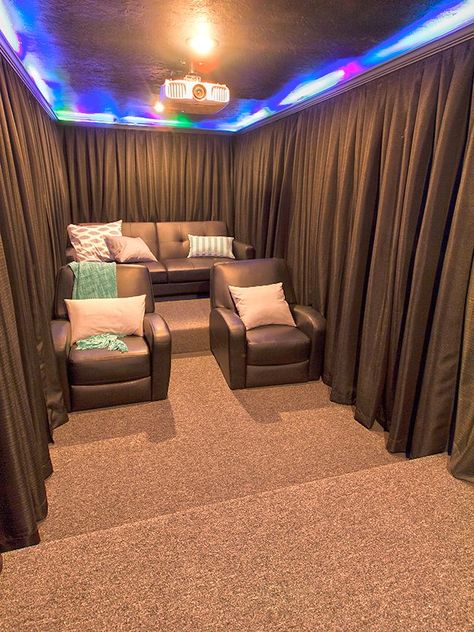 Our Home Theater Room: The Reveal | Jenna Sue Design Blog Home Movie Theater Ideas, Small Theater Room, Small Home Theater, Theatre Room Ideas, Sala Cinema, Deco Cinema, Small Home Theaters, Movie Theater Rooms, Basement Home Theater