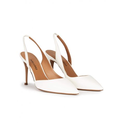 Slingback heeled pumps in off-white leather . PURA LOPEZ Ivory Slingback Heels, Slingback Wedding Shoes, Pointy White Heels, White Pointed Toe Heels, Wedding Shoes Slingback, White Slingback Heels, White Pointed Heels, Classic Wedding Shoes, Italian Heels