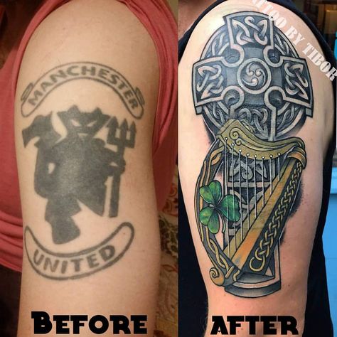 Cover up by @tiborvargatattoo 🍀 Available appointments to November and December. Contact us ASAP… Irish Harp Tattoo, Irish Sleeve Tattoo, Harp Tattoo, Shamrock Tattoo, Ireland Tattoo, Shamrock Tattoos, Celtic Cross Tattoos, Irish Tattoos, Irish Harp