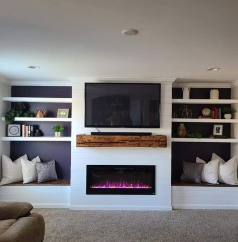 Built In Shelves Around Fireplace Bedroom, Fireplace Design Ideas, Basement Fireplace, Built In Shelves Living Room, Build A Fireplace, Living Room Built Ins, Basement Living Rooms, Fireplace Built Ins, Entertainment Wall