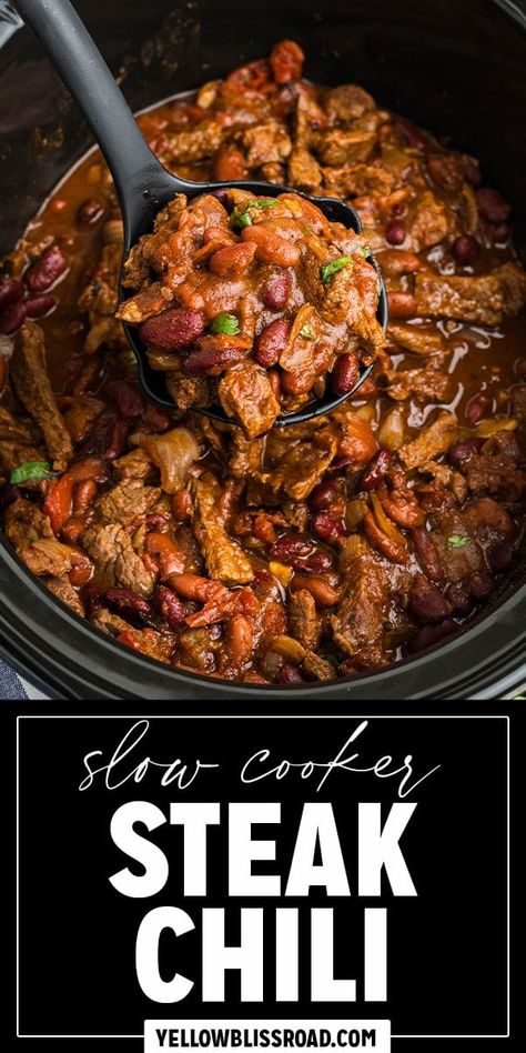 Steak Chili Jeff Mauro Steak Chili, Chili With Steak And Ground Beef, Sirloin Chili Recipe, Round Steak Chili, Gameday Chili, Slow Cooker Steak Chili, Meaty Chili Recipe, Crock Pot Chili Recipes, Steak Chili Recipe