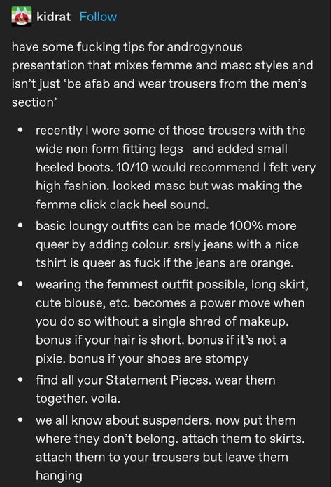 Nonbinary Date Outfit, Trans Femme Fashion Tips Women, Outfit Inspo Nonbinary, Transmasc Advice, Androgyny Tips, Enby Tips, Transmasc Characters, Amab Nonbinary, Ftm Style