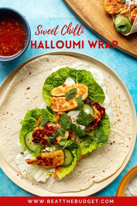 This is an amazing quick vegetarian lunch option. This halloumi wrap is infused with sweet chilli and takes less than 15 minutes to make! Quick Vegetarian Lunch, Halloumi Wrap, Wraps Recipes, Vegetarian Recipes Lunch, Wrap Recipe, Budget Recipes, Healthy Recipes On A Budget, Lunch Idea, Sweet Chilli Sauce