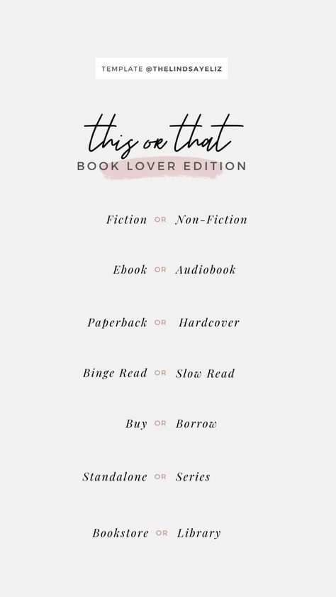 Share your “this or that” reader preferences with this bookish IG template. Be sure to also click through for more Instagram story templates for book lovers to share your favorite books, preferences, and opinions with your followers. #bookish #igstories #igtemplates #templates #bookastagram Lovers Instagram Story, Books Read Template, Read Template, Instagram Story Questions, Bookstagram Inspiration, Fun Questions To Ask, Book Instagram, Getting To Know Someone, Book Challenge