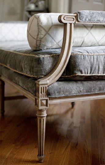 French Settee, French Living Room, CBB Interiors Daybed Bench, French Daybed, French Living Rooms, French Living, French Furniture, French Decor, Bathroom Colors, Settee, Beautiful Furniture