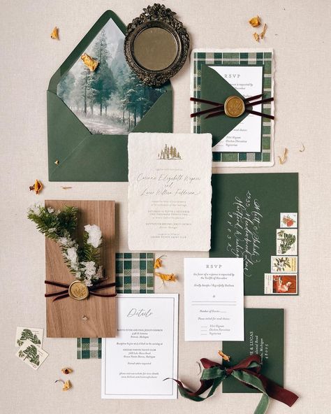 The couple wanted a classic Christmas theme for their December wedding. Handmade cream paper with gold foiling and evergreen forest motif. Evergreen plaid details card. Complete with a classic dark red velvet ribbon with gold wax seal. Matching evergreen winter forest envelope liner. Inquisited - Handmade Paper | Heirloom Stationery | Bespoke Design & Calligraphy - Now booking 2023 Weddings Holiday Wedding Invitations, Evergreen Wedding, Forest Theme Wedding, Christmas Wedding Invitations, Yosemite Wedding, Christmas Envelopes, Wedding Money, Gold Foil Wedding, Winter Wedding Invitations