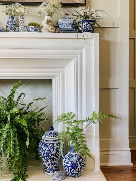 Grandmillenial Mantle, Grand Millennial Mantle Decor, Blue And White Mantle Decor, Chinoiserie Mantle, Blue And White Porcelain Decor, Mantle Makeover, Decorating With Blue And White Porcelain, White Mantle, Summer Mantel